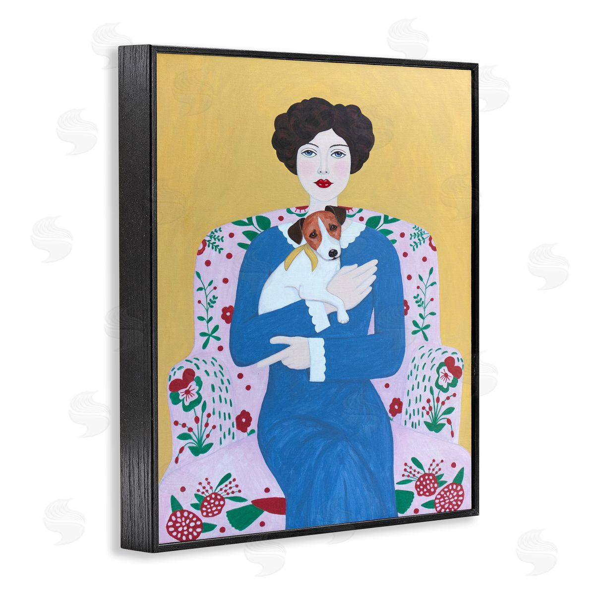 Woman & Dog On Armchair Black Frame Print Wall Art, Home Decor by Sally B
