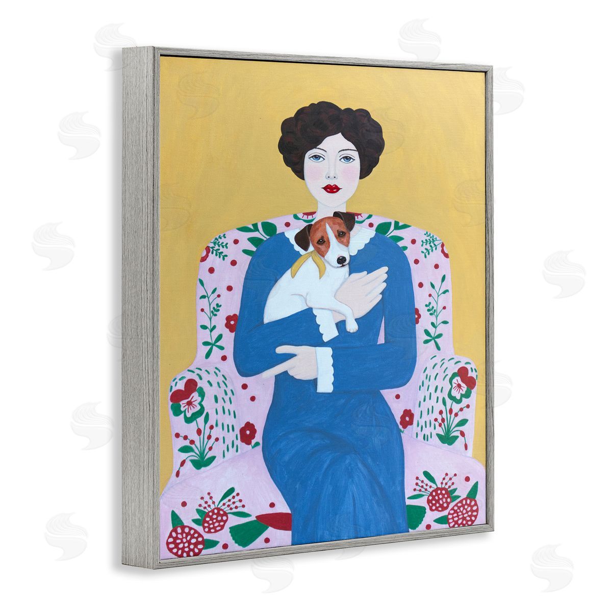 Woman & Dog On Armchair Grey Frame Print Wall Art, Home Decor by Sally B