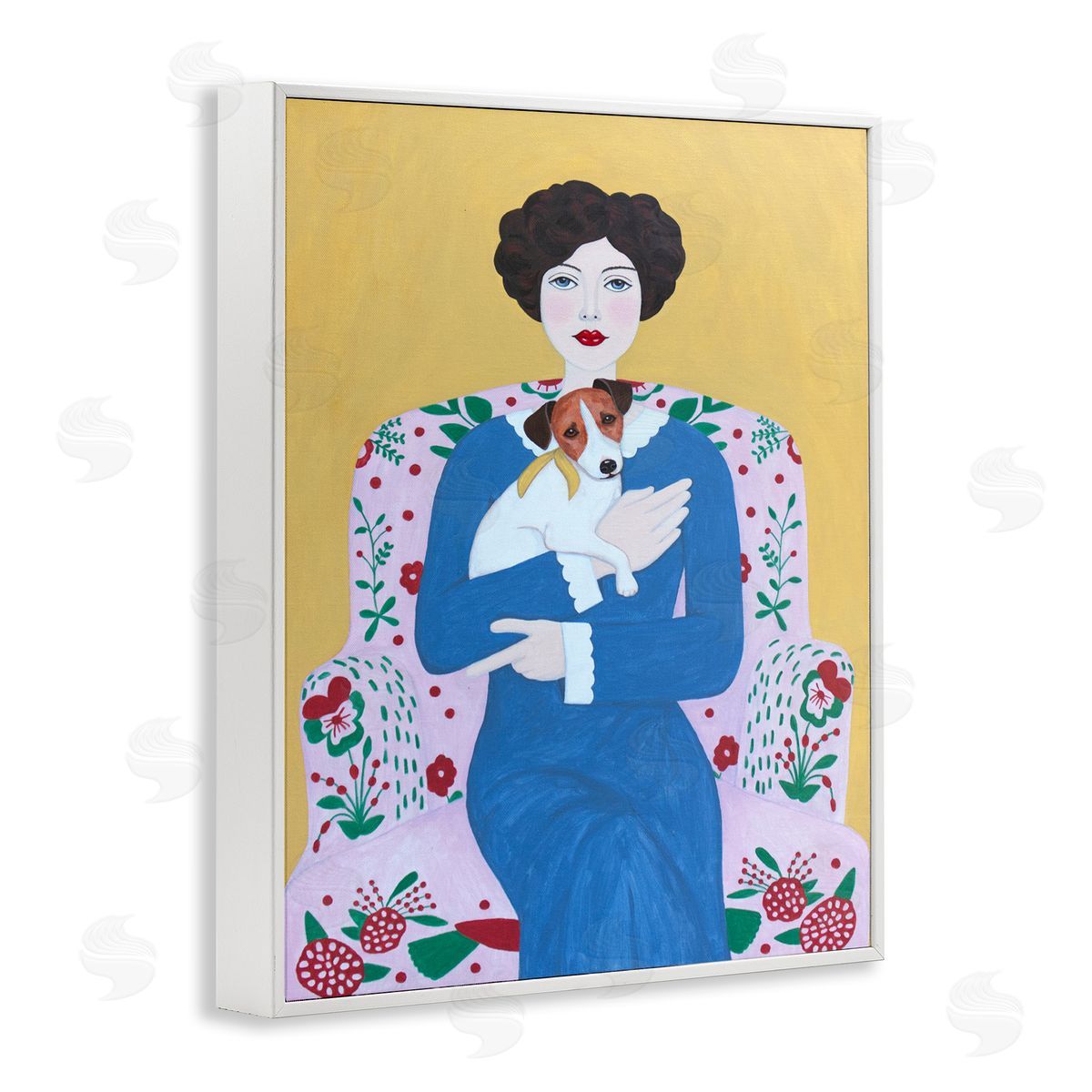 Woman & Dog On Armchair White Frame Print Wall Art, Home Decor by Sally B