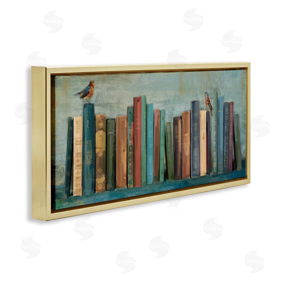 Books And Birds Bookshelf Gold Floating Frame Canvas Wall Art, Home Decor by Main Line Studio