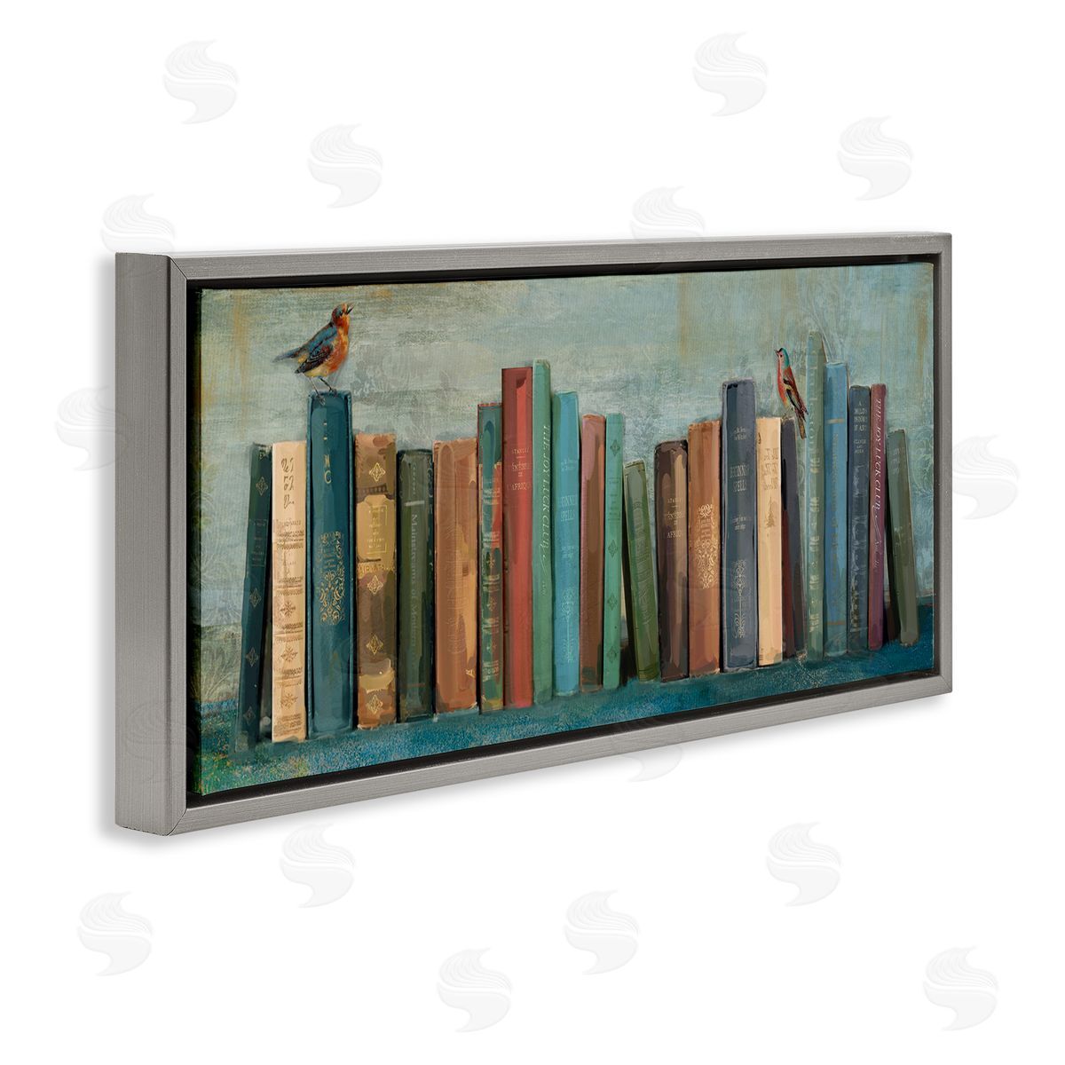 Books And Birds Bookshelf Grey Floating Frame Canvas Wall Art, Home Decor by Main Line Studio