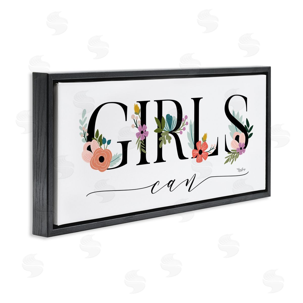 Girls Can Flower Inspirational Black Floating Frame Canvas Wall Art, Home Decor by Gigi Louise