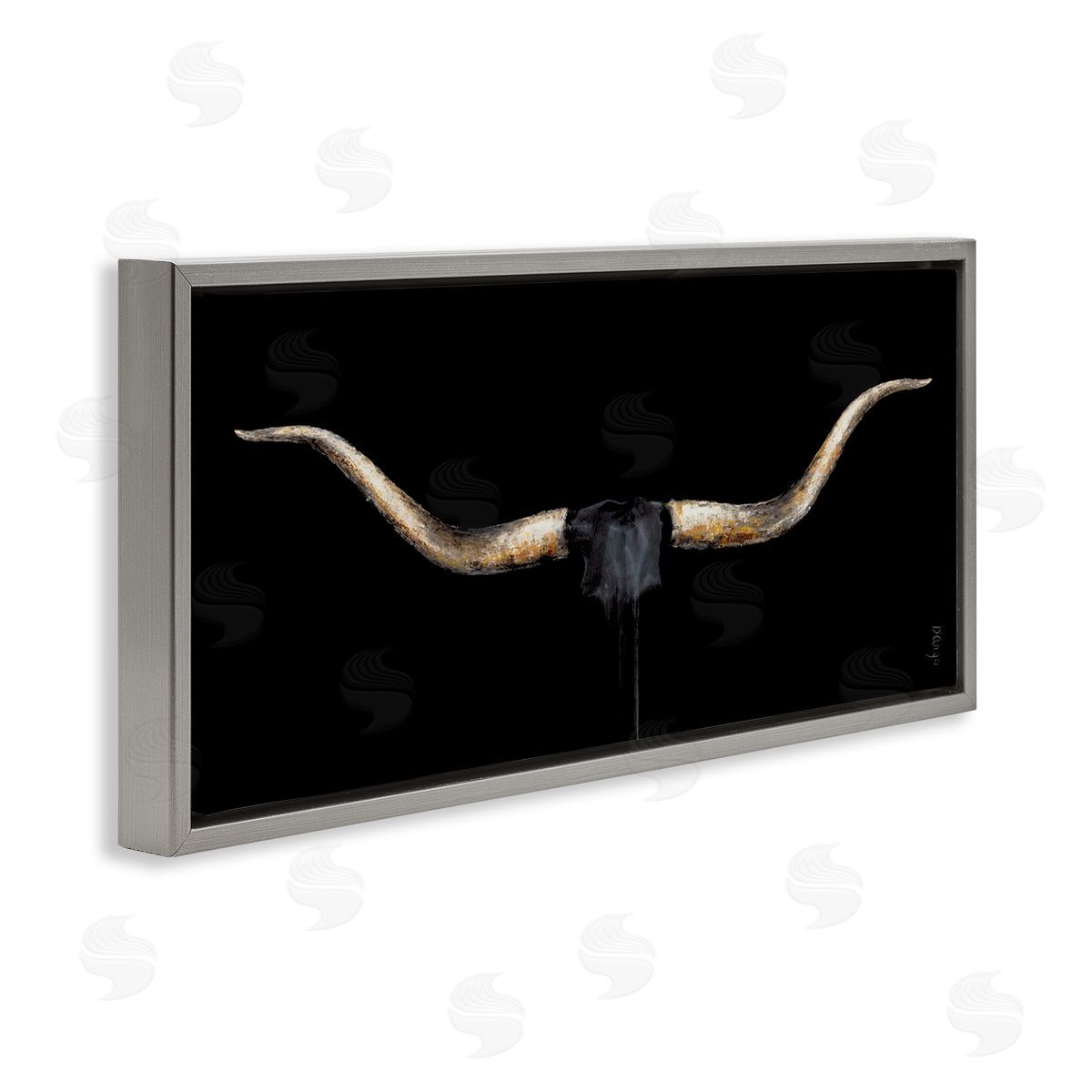 Bull Horns Shadow Animal Painting Grey Floating Frame Canvas Wall Art, Home Decor by Dina D'Argo