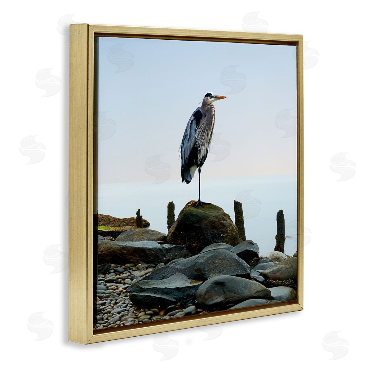 Beach Heron Ocean Bird Gold Floating Frame Canvas Wall Art, Home Decor by James McLoughlin