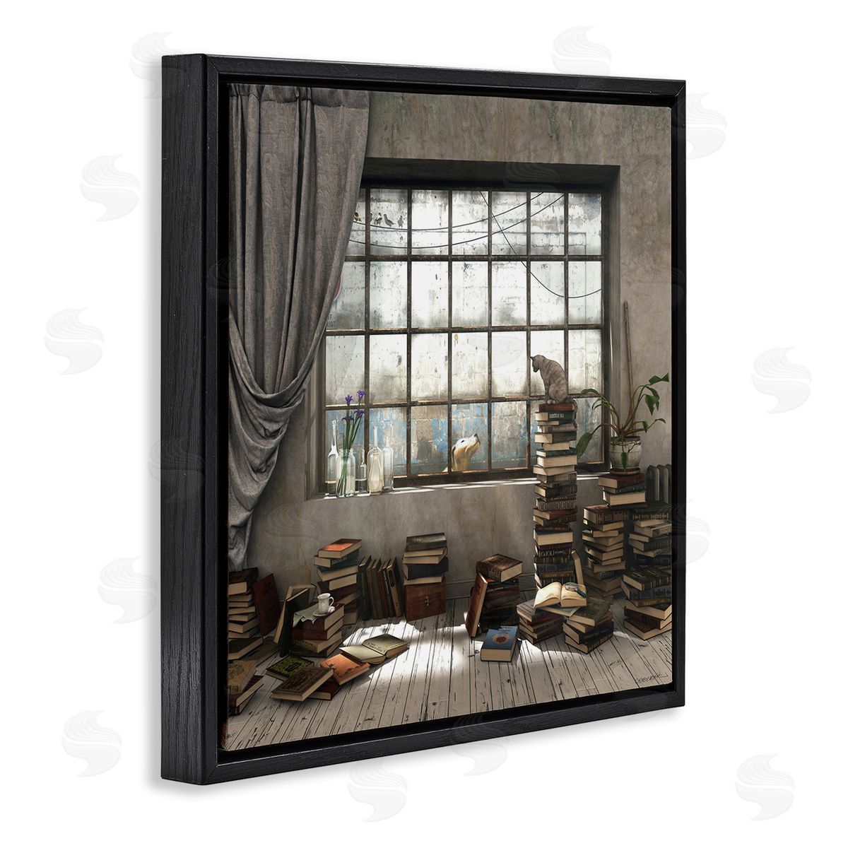 Cozy Bookstack Cat in Study Black Floating Frame Canvas Wall Art, Home Decor by Cynthia Decker