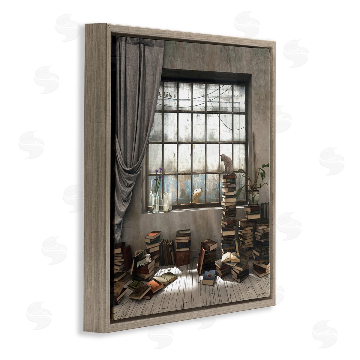 Cozy Bookstack Cat in Study Brown Floating Frame Canvas Wall Art, Home Decor by Cynthia Decker