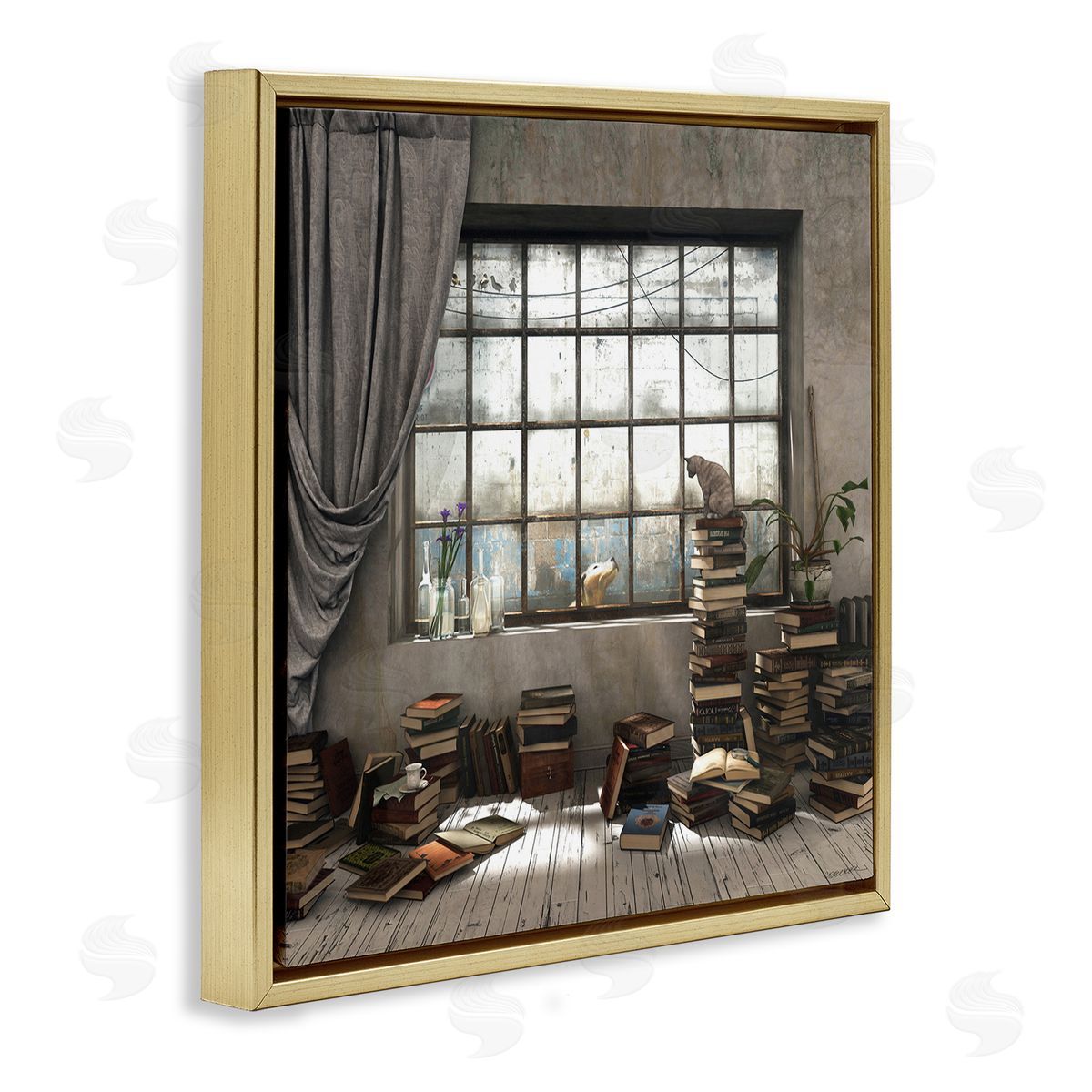 Cozy Bookstack Cat in Study Gold Floating Frame Canvas Wall Art, Home Decor by Cynthia Decker