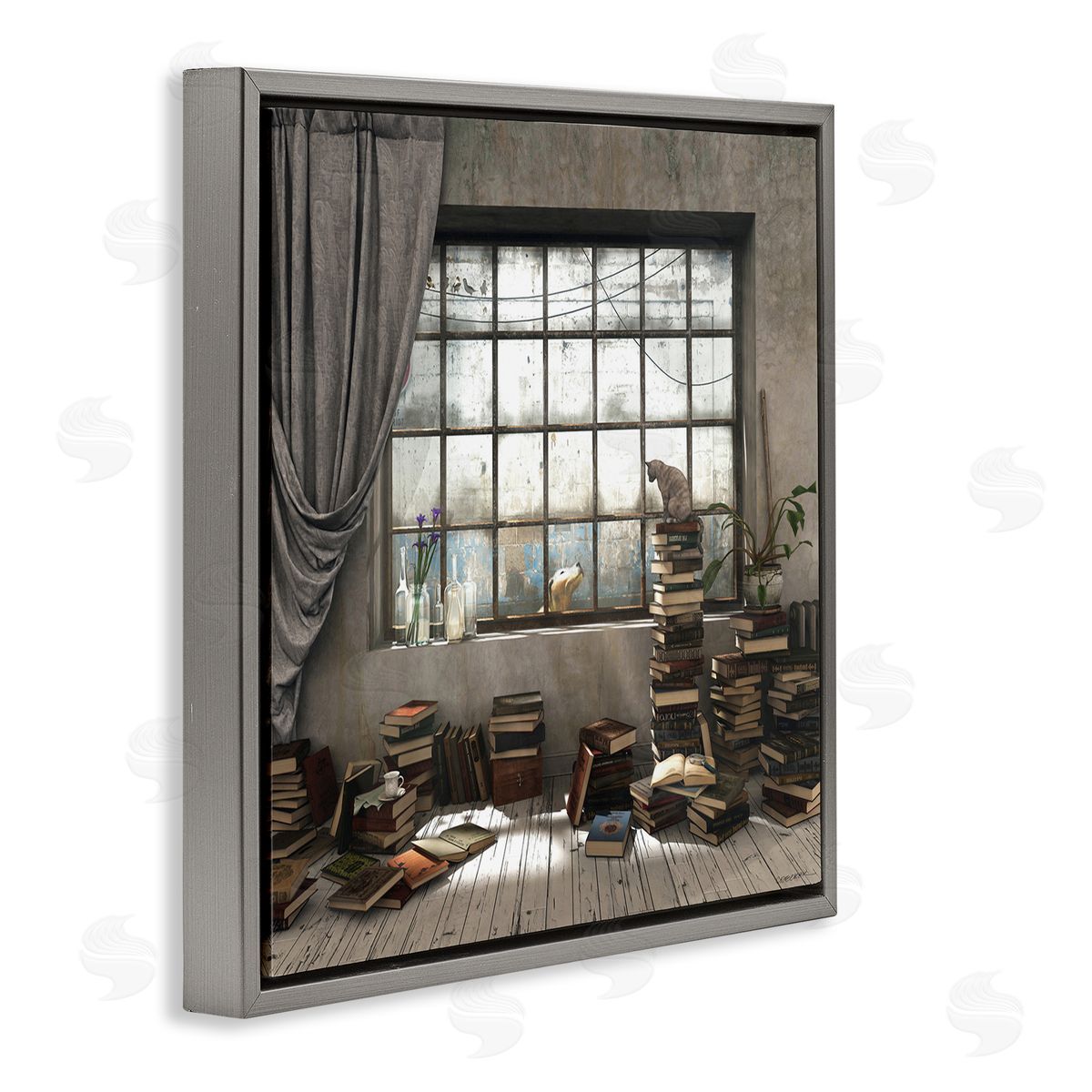 Cozy Bookstack Cat in Study Grey Floating Frame Canvas Wall Art, Home Decor by Cynthia Decker