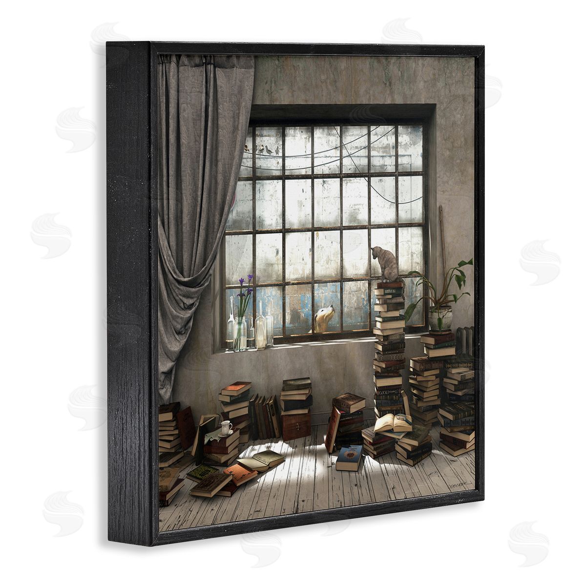 Cozy Bookstack Cat in Study Black Frame Print Wall Art, Home Decor by Cynthia Decker