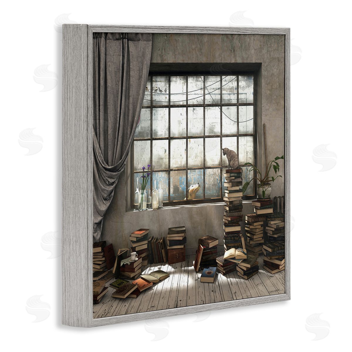 Cozy Bookstack Cat in Study Grey Frame Print Wall Art, Home Decor by Cynthia Decker
