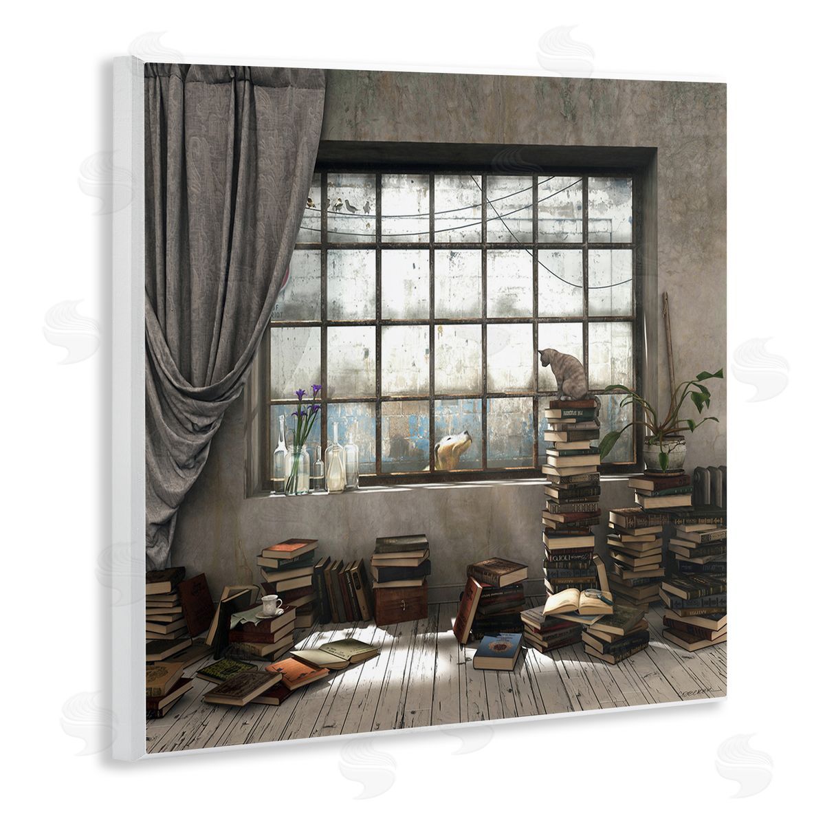 Cozy Bookstack Cat in Study Wood Plaque Wall Art, Home Decor by Cynthia Decker