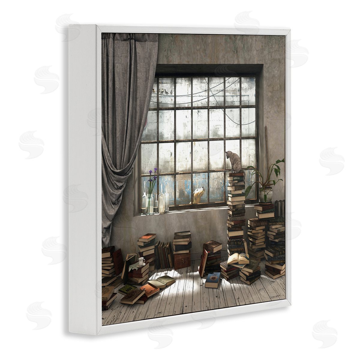 Cozy Bookstack Cat in Study White Frame Print Wall Art, Home Decor by Cynthia Decker
