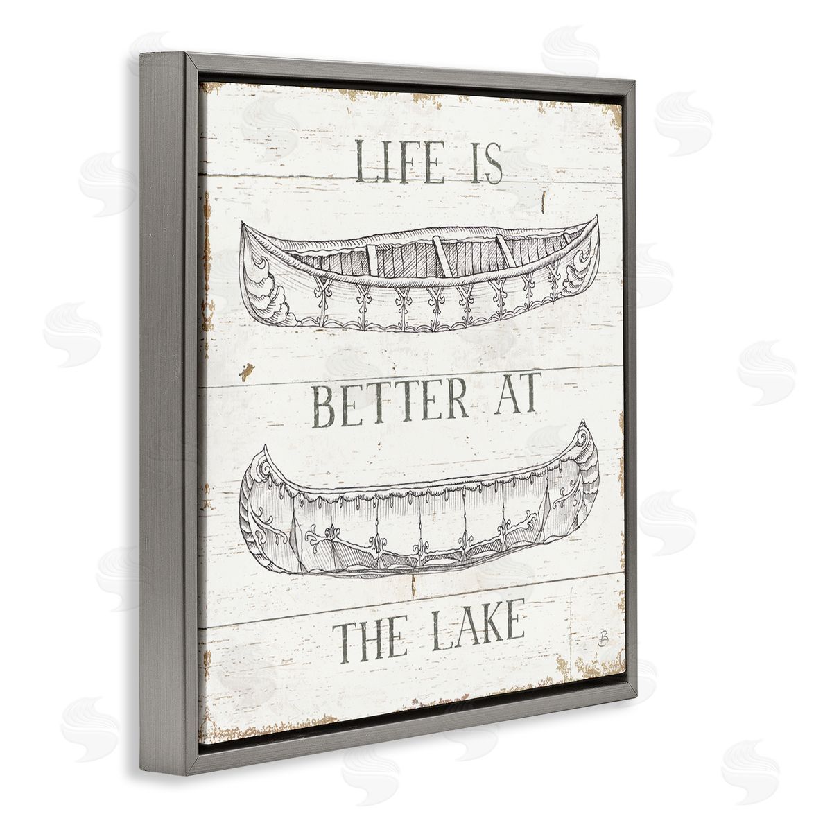 Better At The Lake with Boats Grey Floating Frame Canvas Wall Art, Home Decor by Daphne Brissonnet