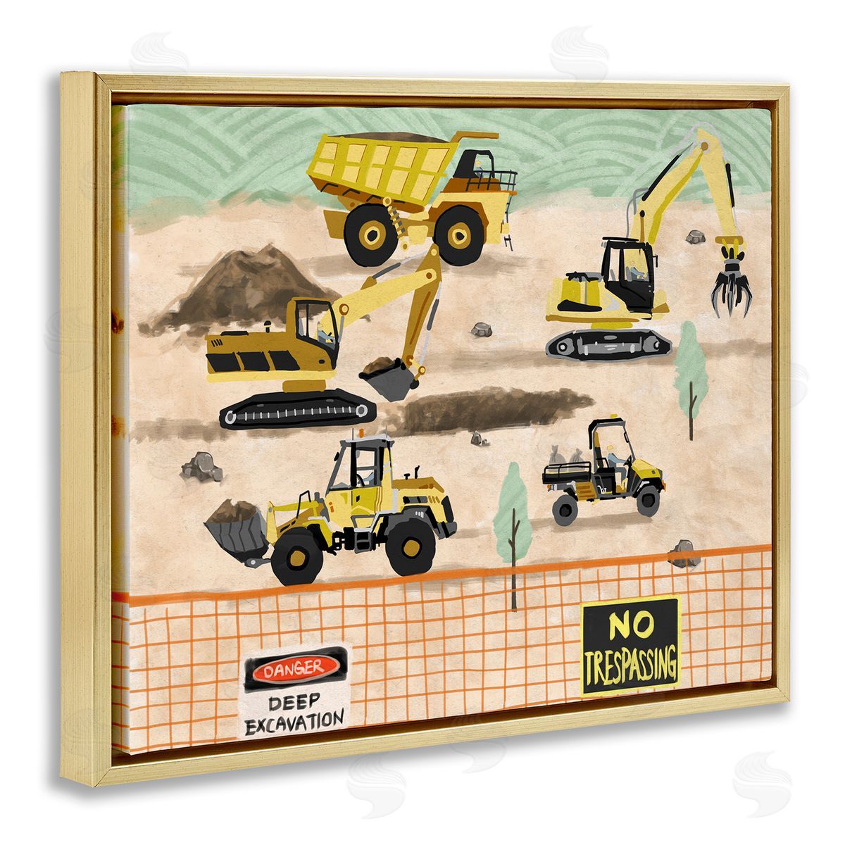 Construction Vehicles Painting Gold Floating Frame Canvas Wall Art, Home Decor by Ziwei Li