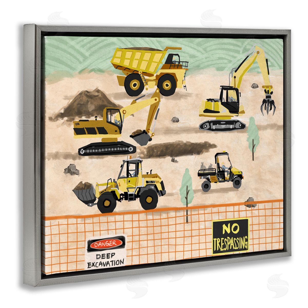 Construction Vehicles Painting Grey Floating Frame Canvas Wall Art, Home Decor by Ziwei Li