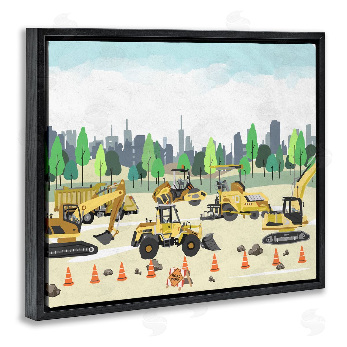 Construction Vehicles Park Black Floating Frame Canvas Wall Art, Home Decor by Ziwei Li