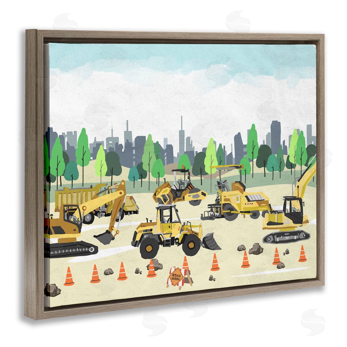 Construction Vehicles Park Brown Floating Frame Canvas Wall Art, Home Decor by Ziwei Li