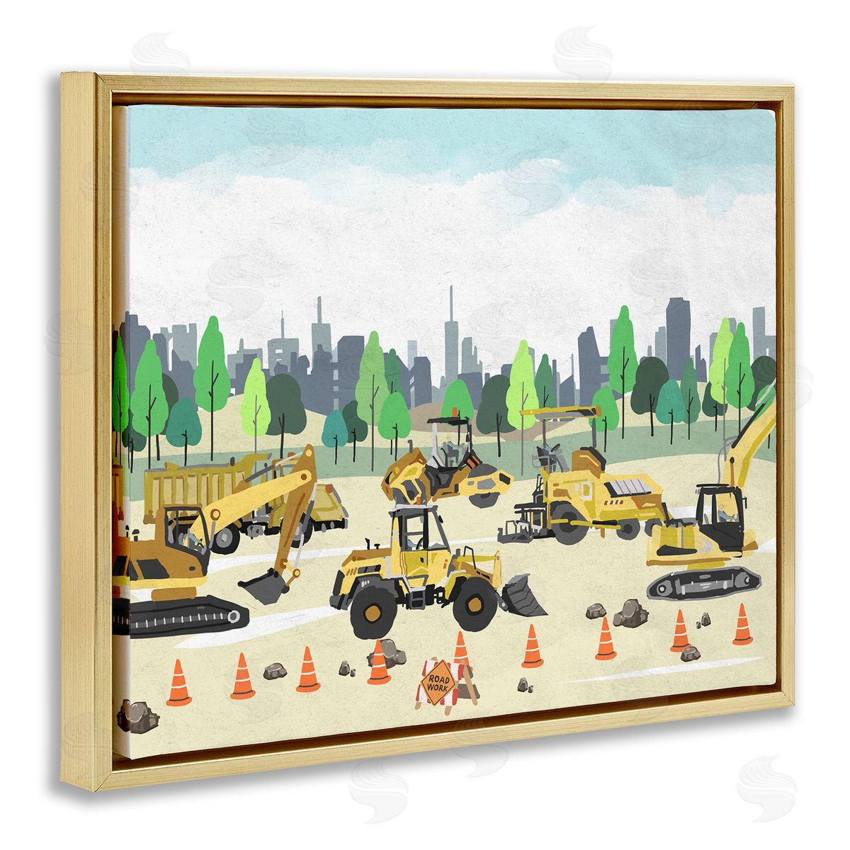 Construction Vehicles Park Gold Floating Frame Canvas Wall Art, Home Decor by Ziwei Li