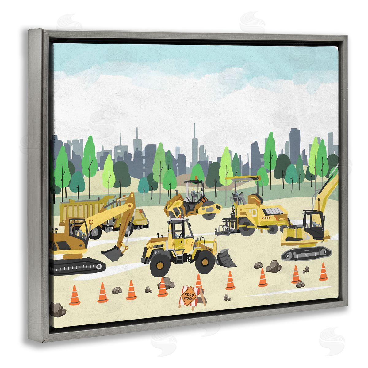 Construction Vehicles Park Grey Floating Frame Canvas Wall Art, Home Decor by Ziwei Li