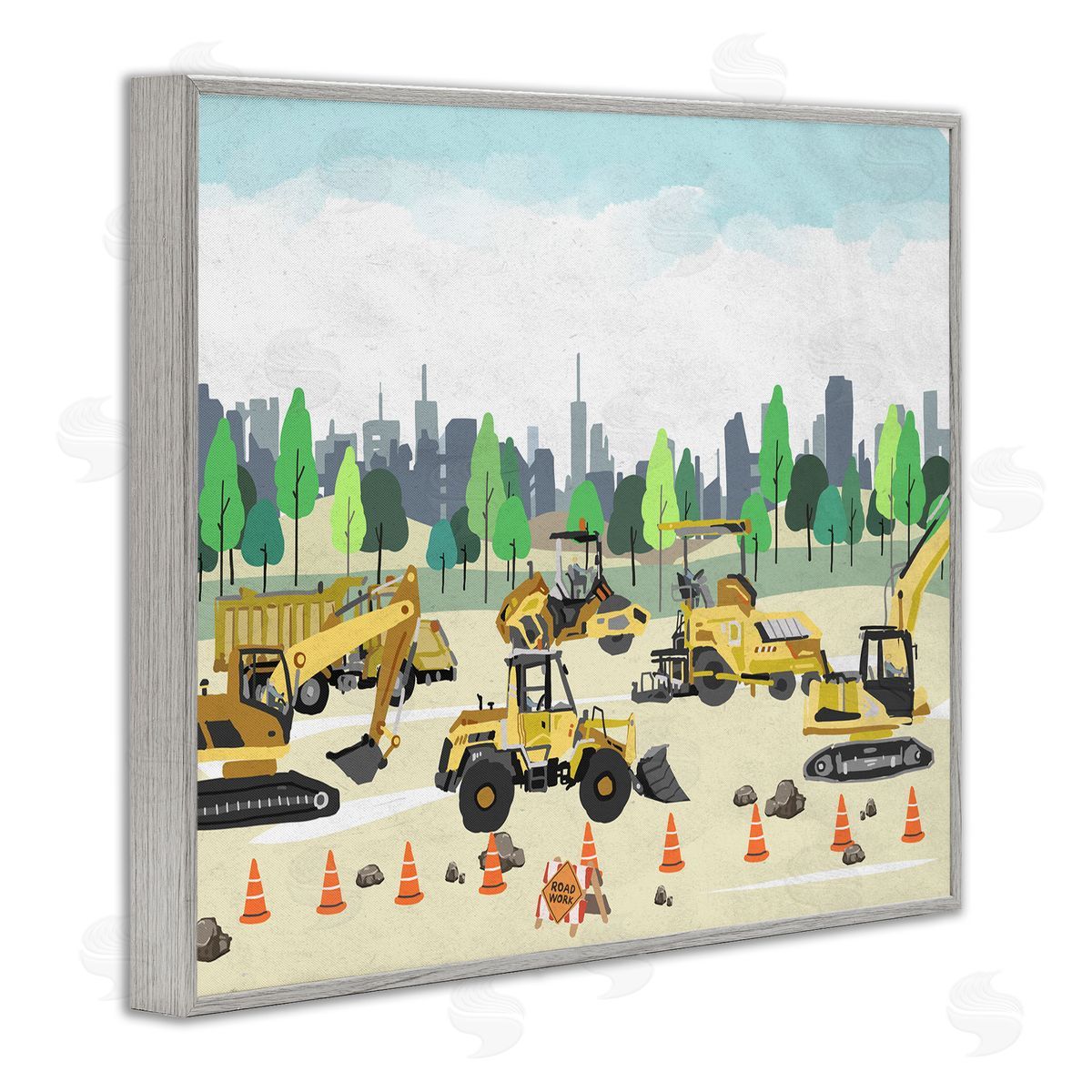 Construction Vehicles Park Grey Frame Print Wall Art, Home Decor by Ziwei Li