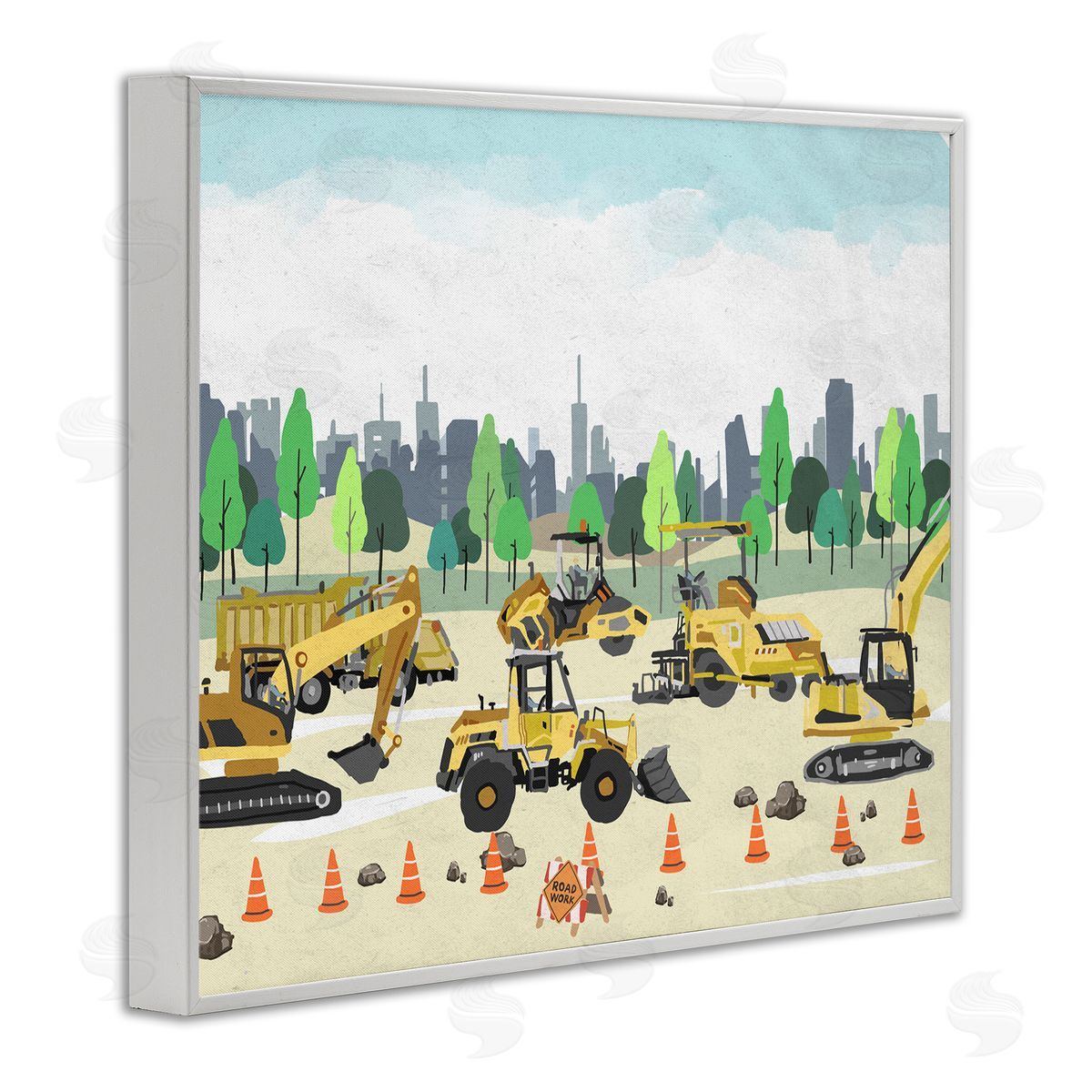 Construction Vehicles Park White Frame Print Wall Art, Home Decor by Ziwei Li