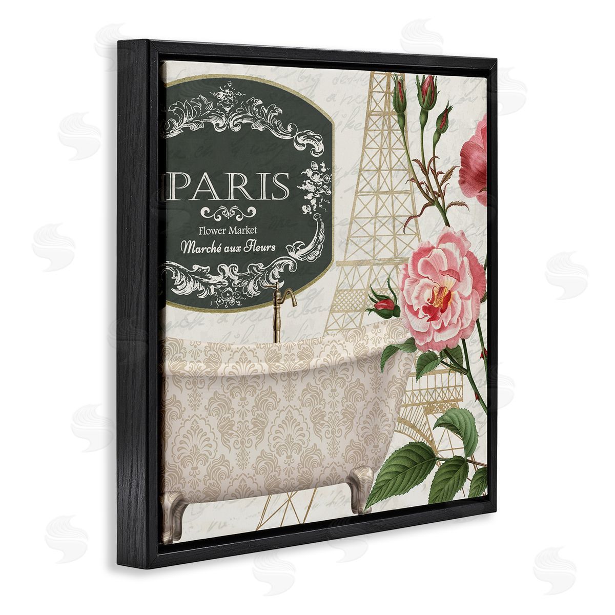 Paris Flower Market Bath Tub Black Floating Frame Canvas Wall Art, Home Decor by Kim Allen