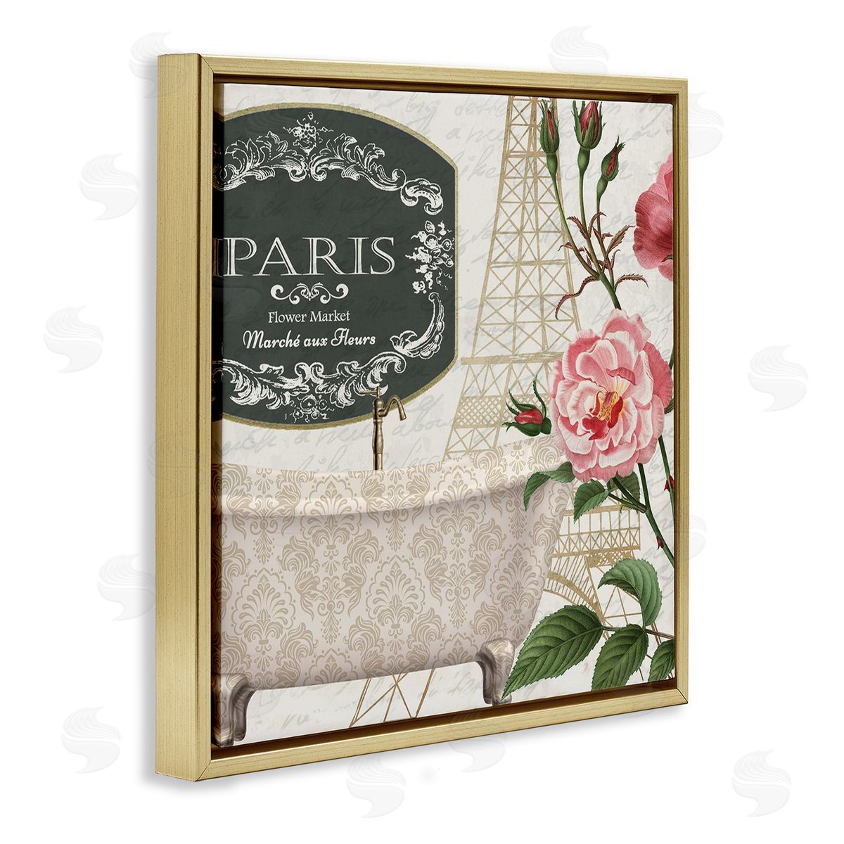 Paris Flower Market Bath Tub Gold Floating Frame Canvas Wall Art, Home Decor by Kim Allen