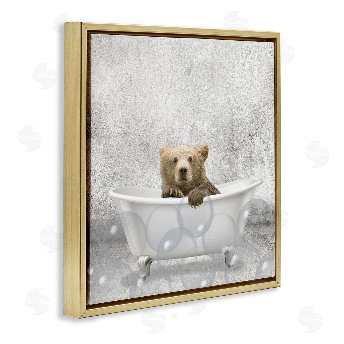 Baby Bear Bath Time Gold Floating Frame Canvas Wall Art, Home Decor by Kim Allen