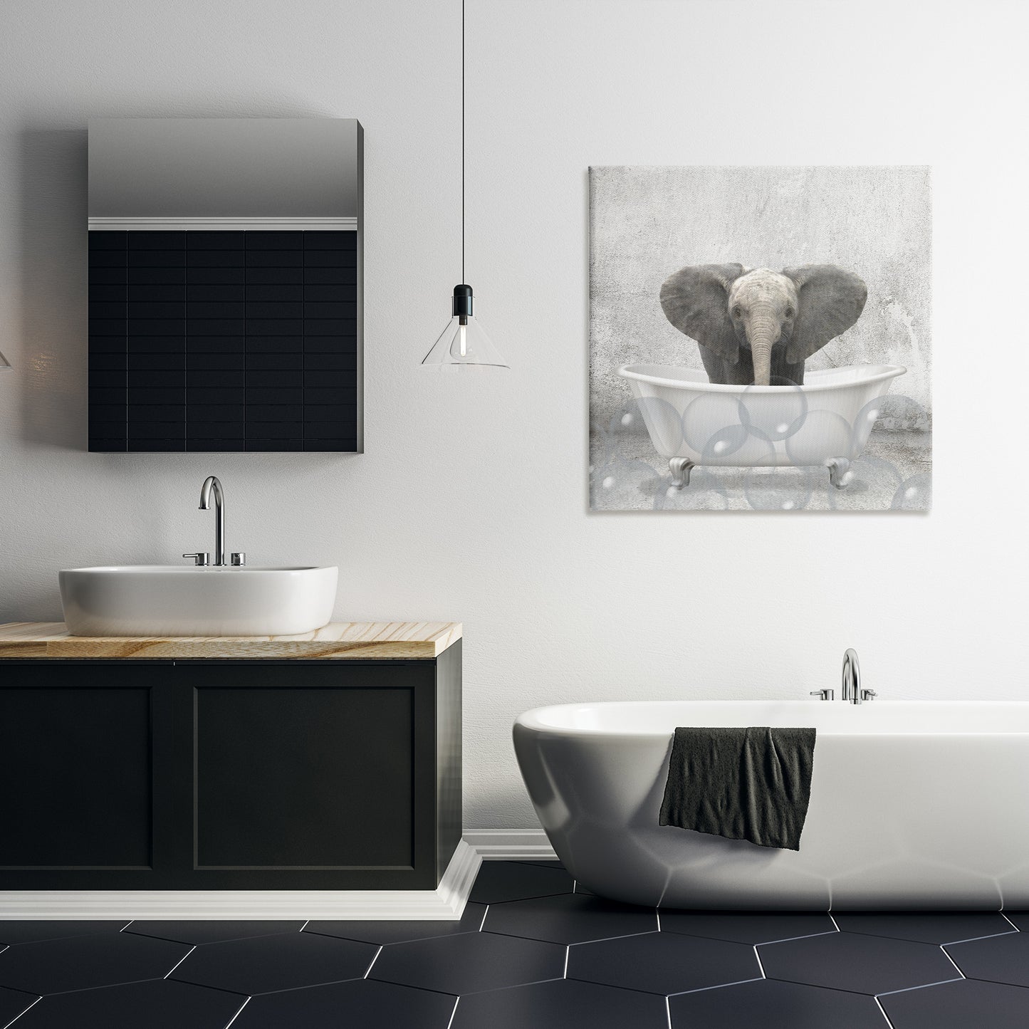 Baby Elephant Bath Time Canvas Wall Art in Room, Home Decor by Kim Allen