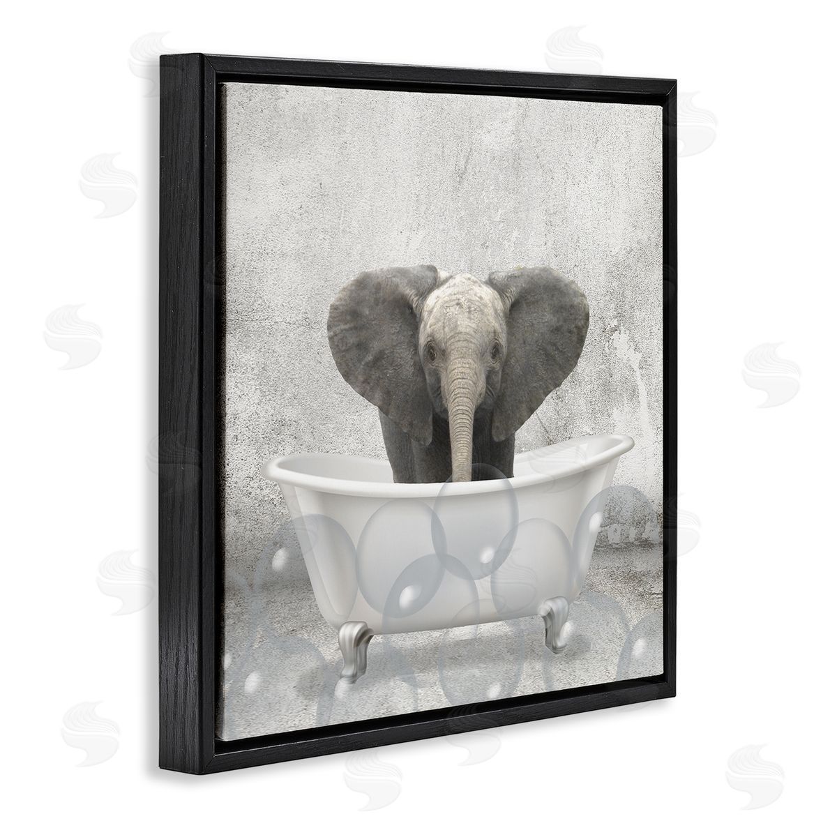 Baby Elephant Bath Time Black Floating Frame Canvas Wall Art, Home Decor by Kim Allen