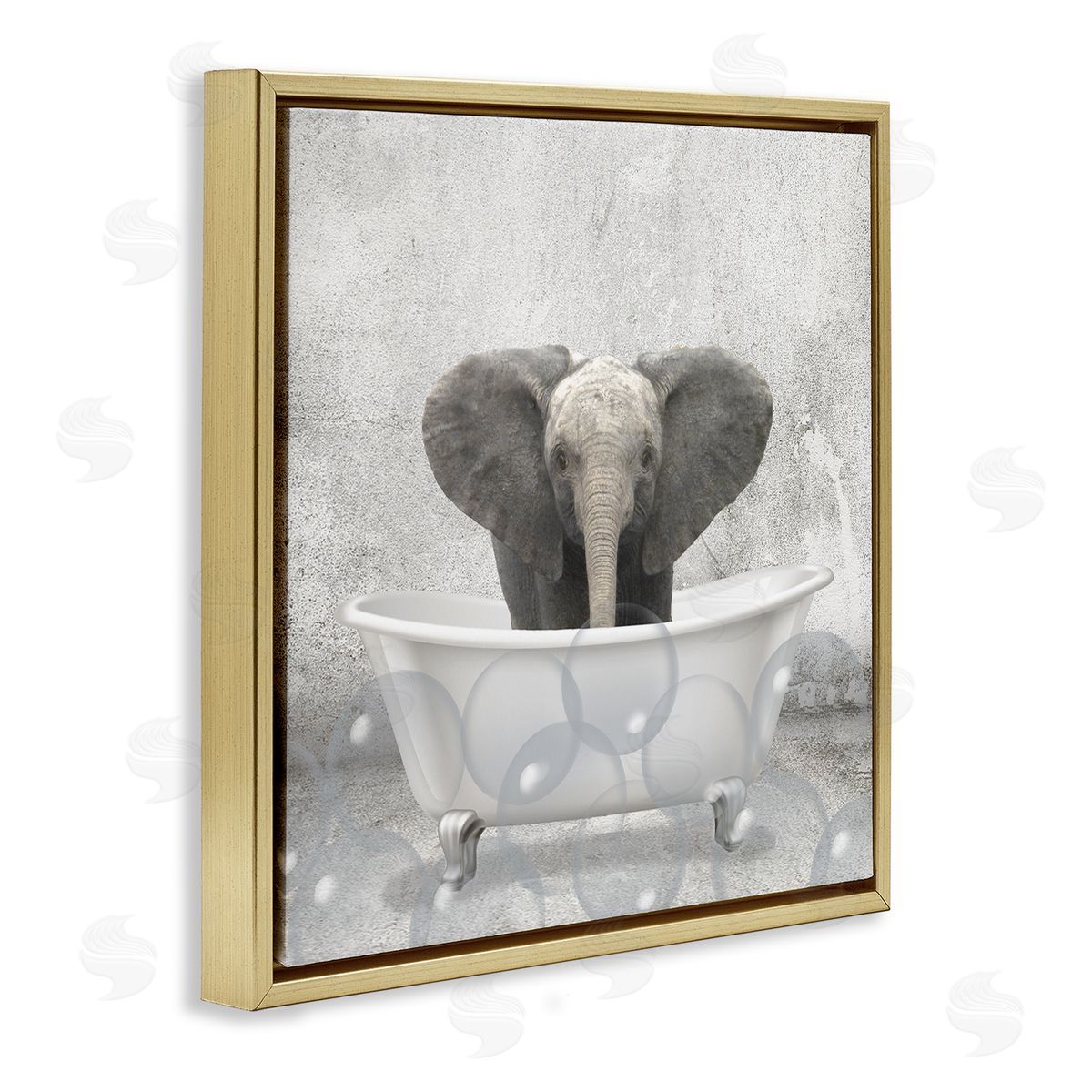 Baby Elephant Bath Time Gold Floating Frame Canvas Wall Art, Home Decor by Kim Allen