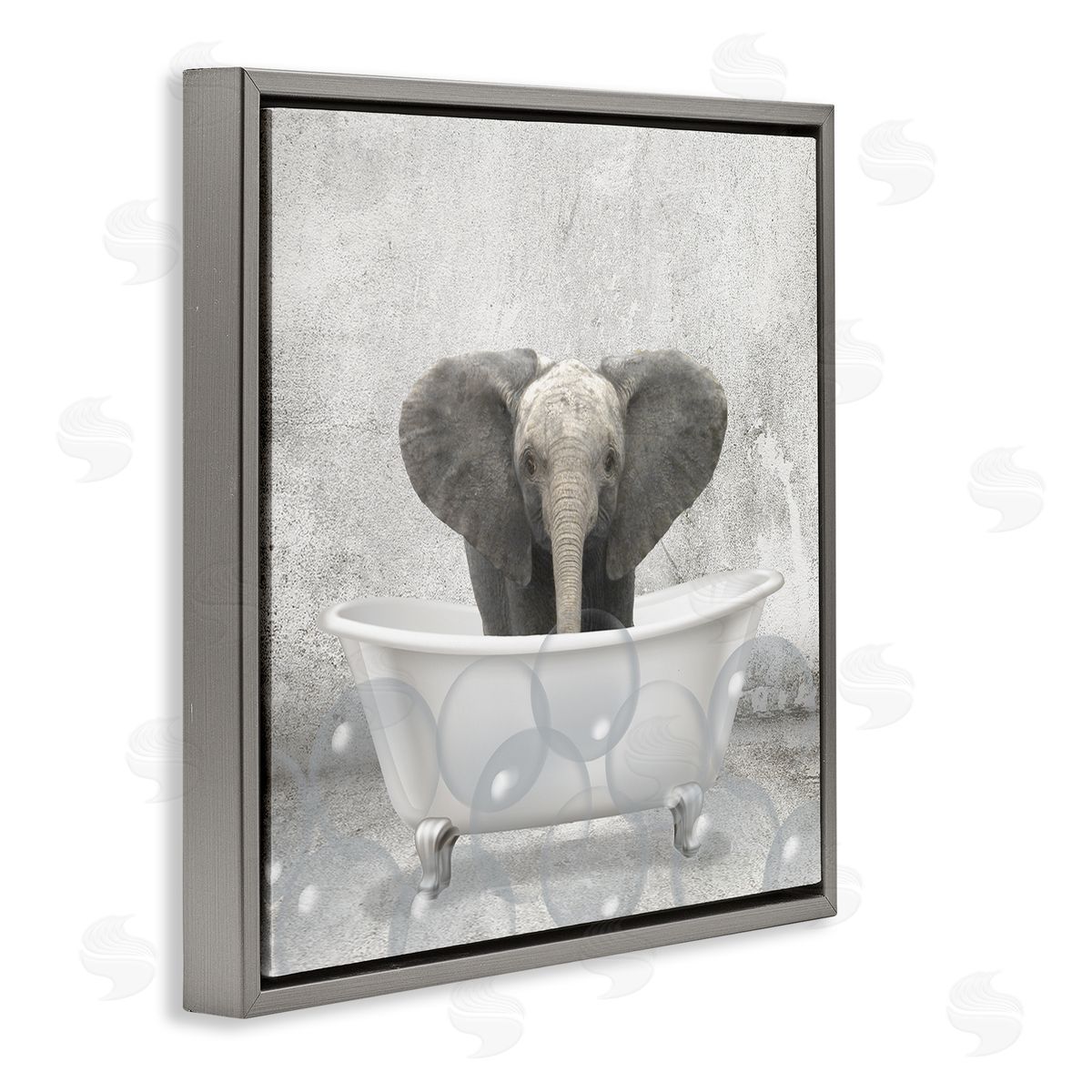 Baby Elephant Bath Time Grey Floating Frame Canvas Wall Art, Home Decor by Kim Allen