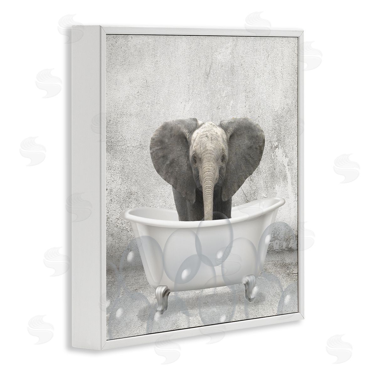 Baby Elephant Bath Time White Frame Print Wall Art, Home Decor by Kim Allen