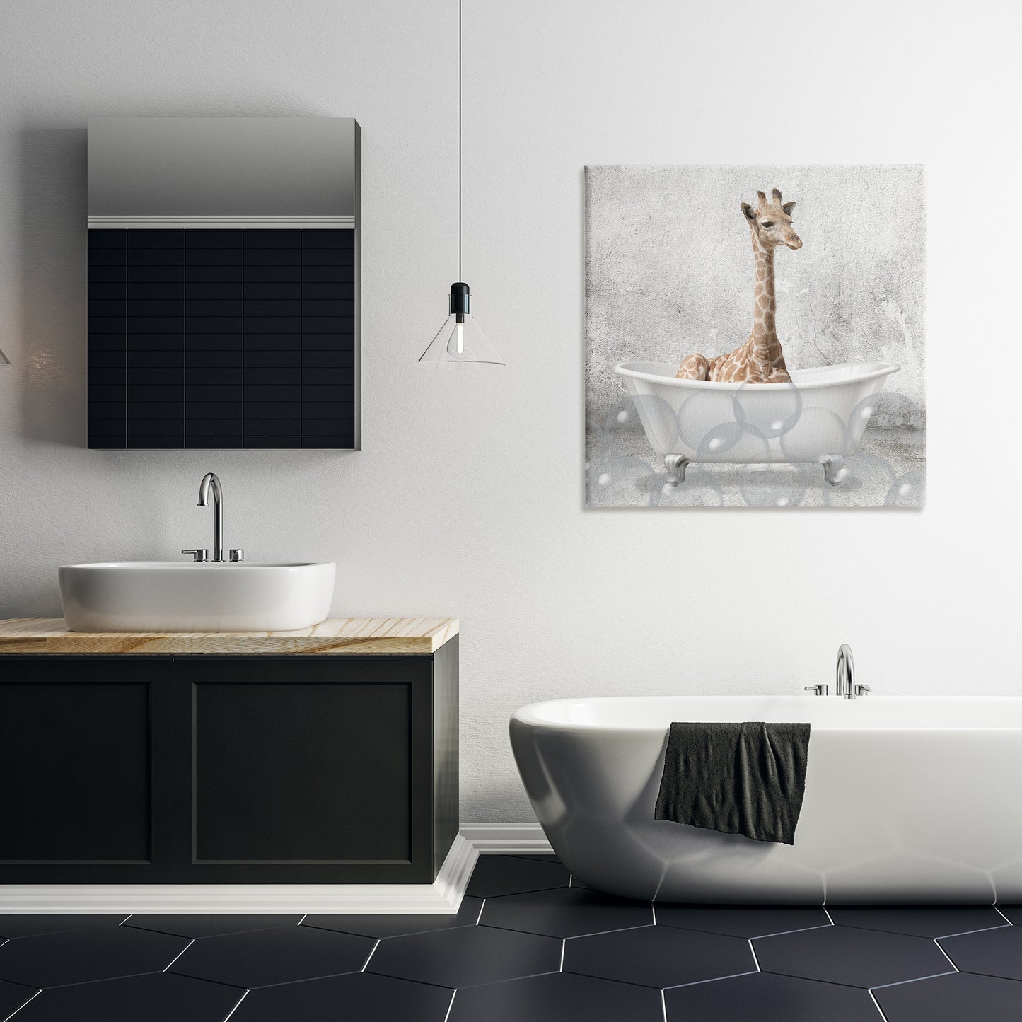 Baby Giraffe Bath Time Canvas Wall Art in Room, Home Decor by Kim Allen