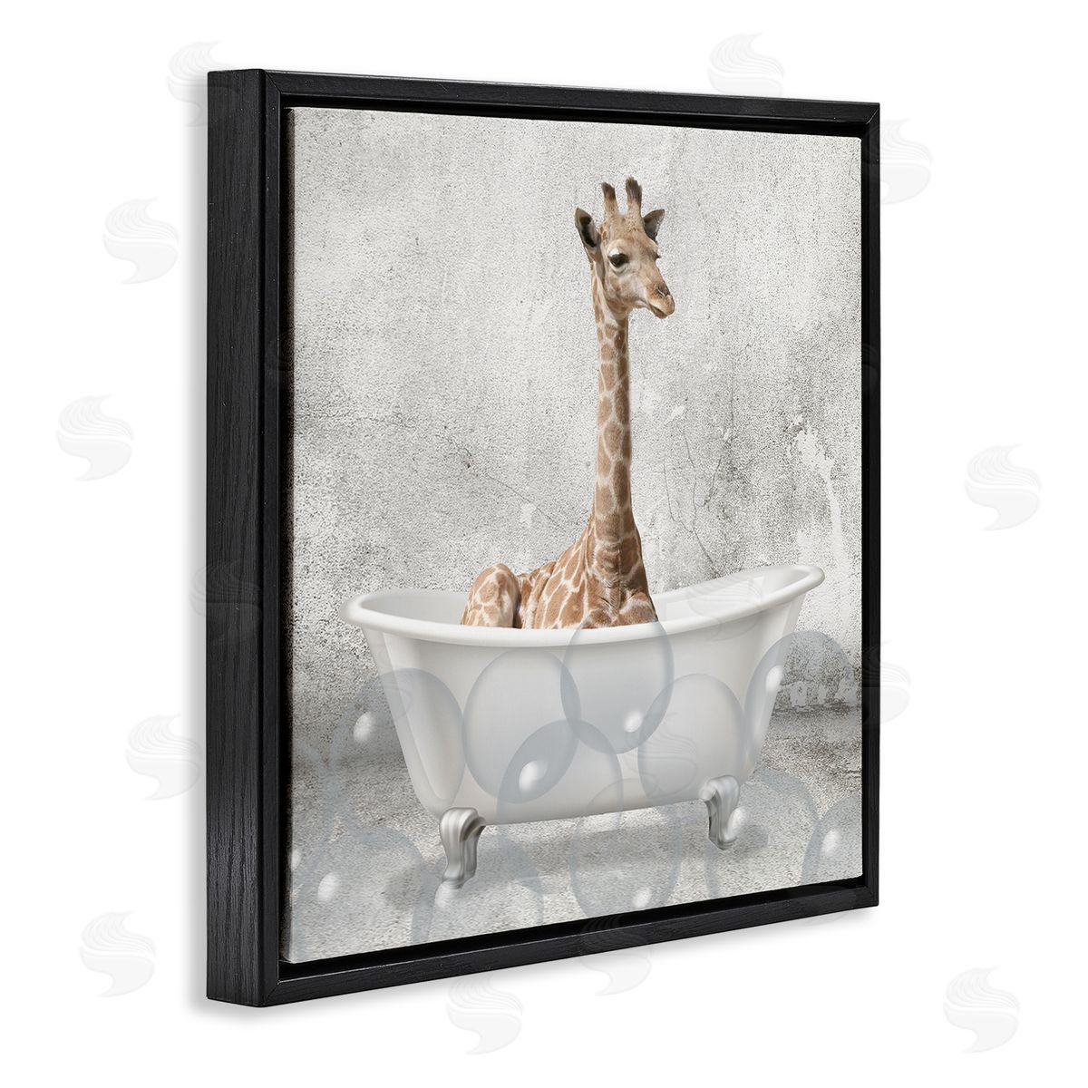 Baby Giraffe Bath Time Black Floating Frame Canvas Wall Art, Home Decor by Kim Allen
