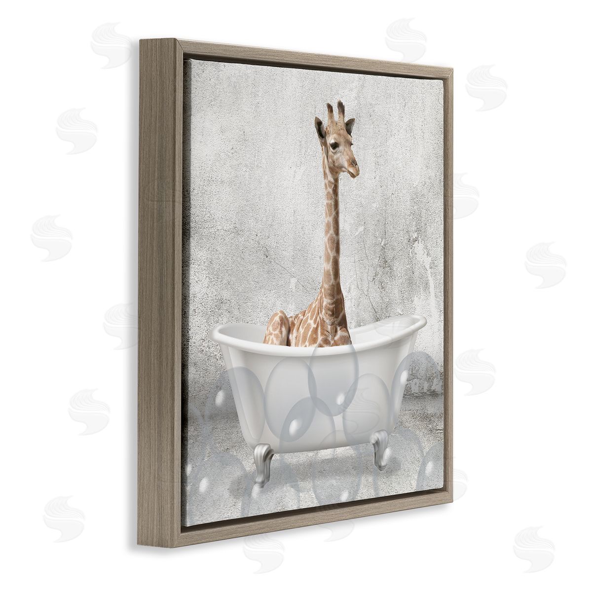 Baby Giraffe Bath Time Brown Floating Frame Canvas Wall Art, Home Decor by Kim Allen