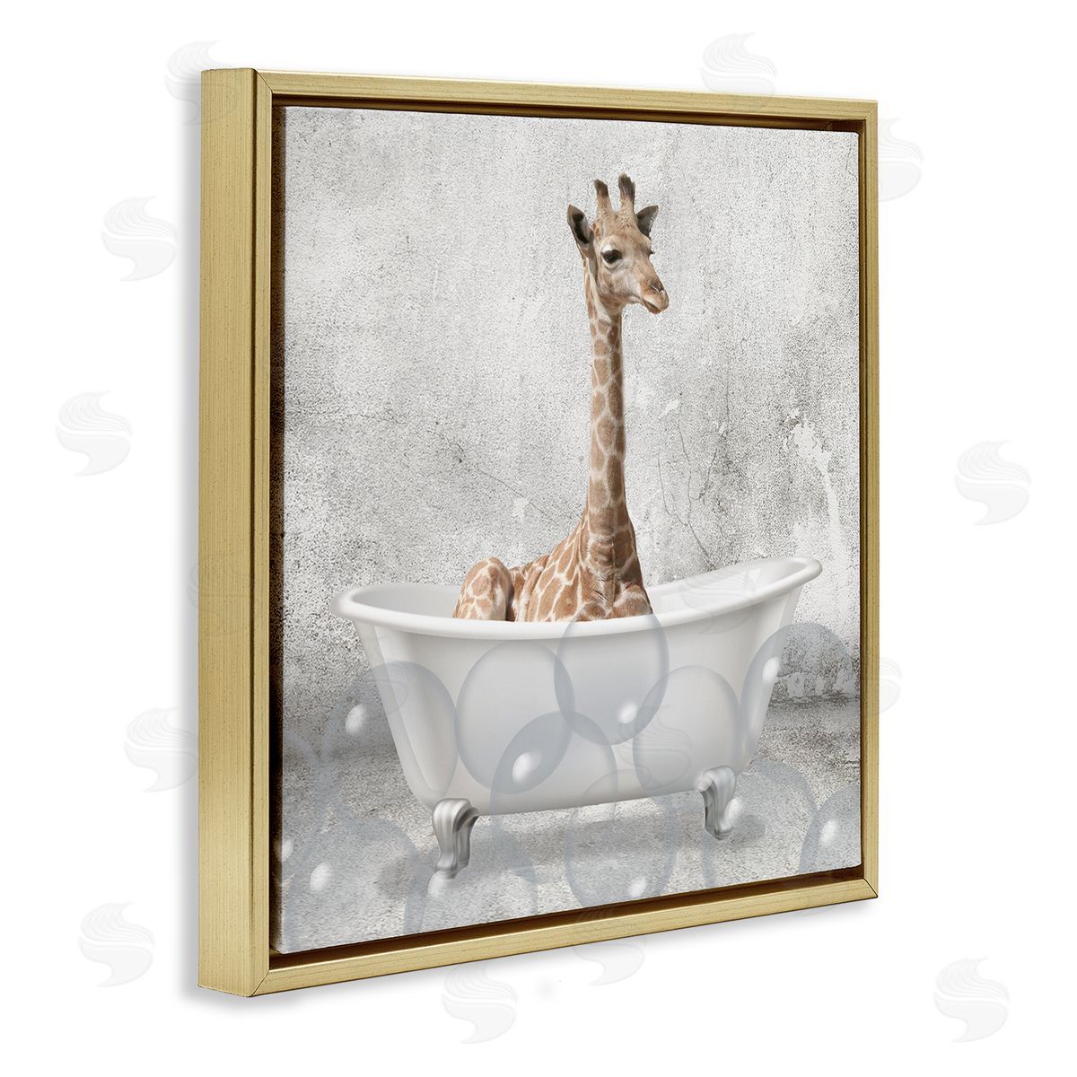 Baby Giraffe Bath Time Gold Floating Frame Canvas Wall Art, Home Decor by Kim Allen