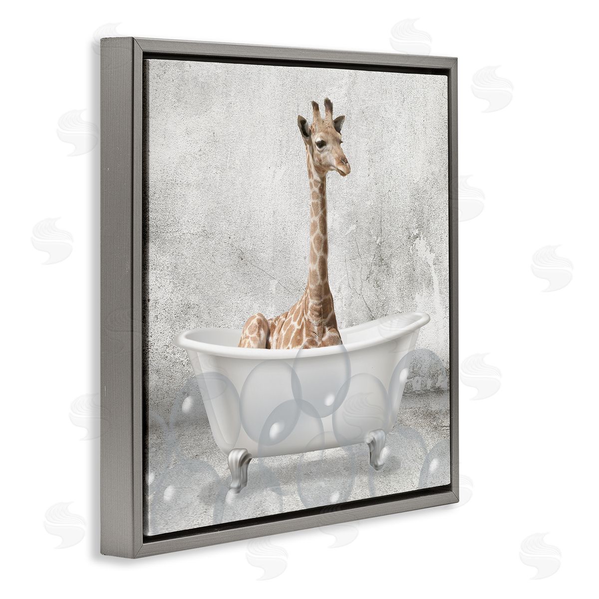 Baby Giraffe Bath Time Grey Floating Frame Canvas Wall Art, Home Decor by Kim Allen