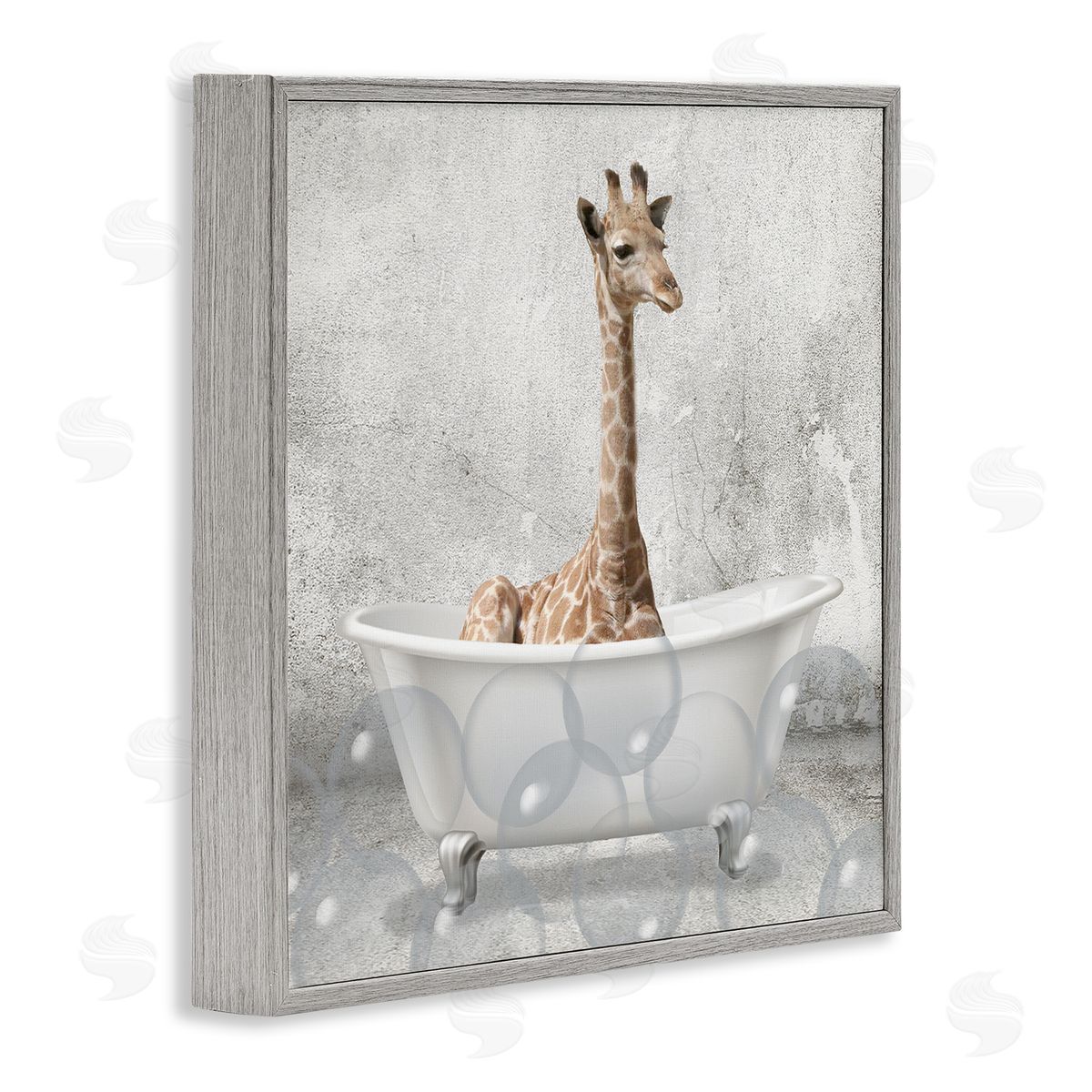 Baby Giraffe Bath Time Grey Frame Print Wall Art, Home Decor by Kim Allen