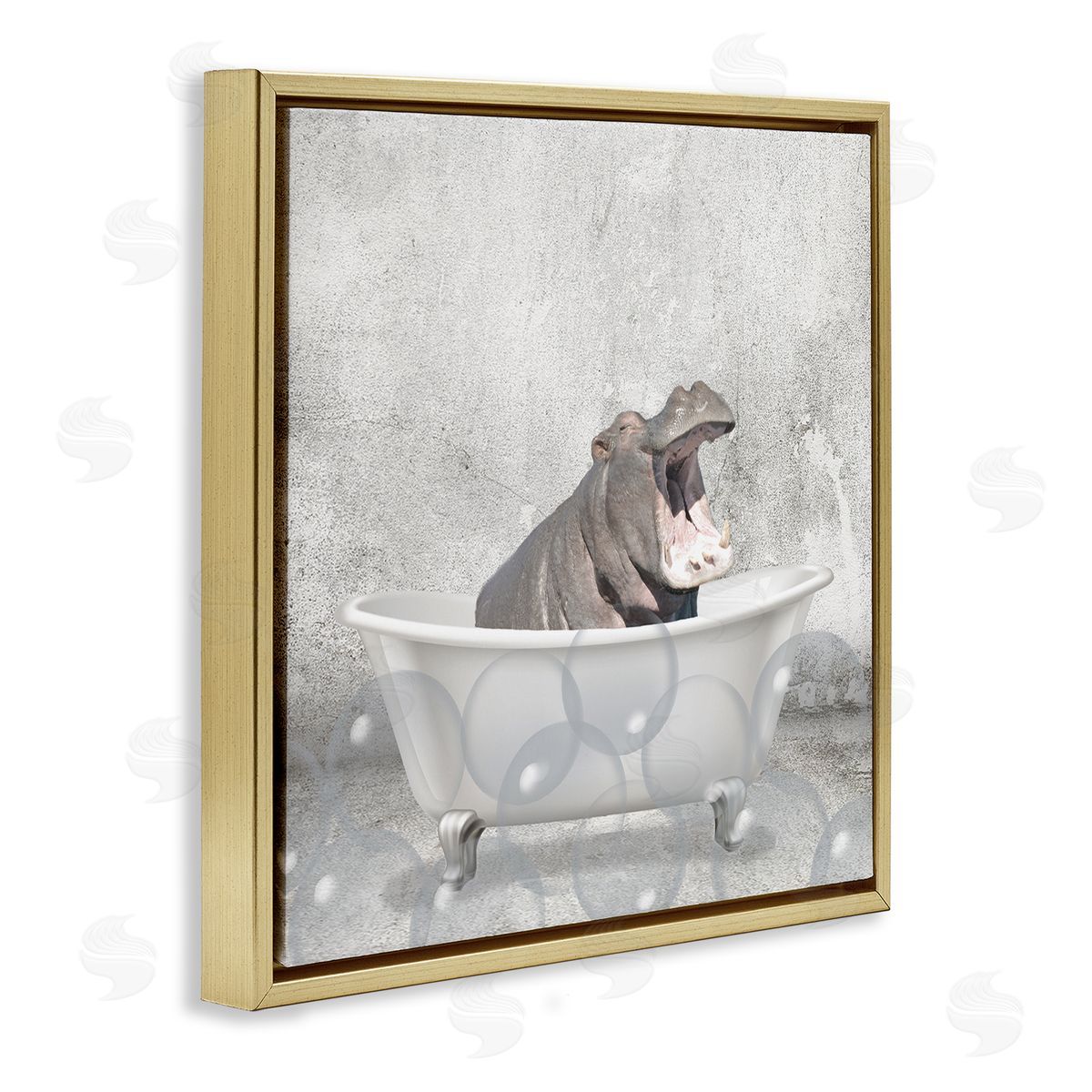 Baby Hippo Bath Time Gold Floating Frame Canvas Wall Art, Home Decor by Kim Allen