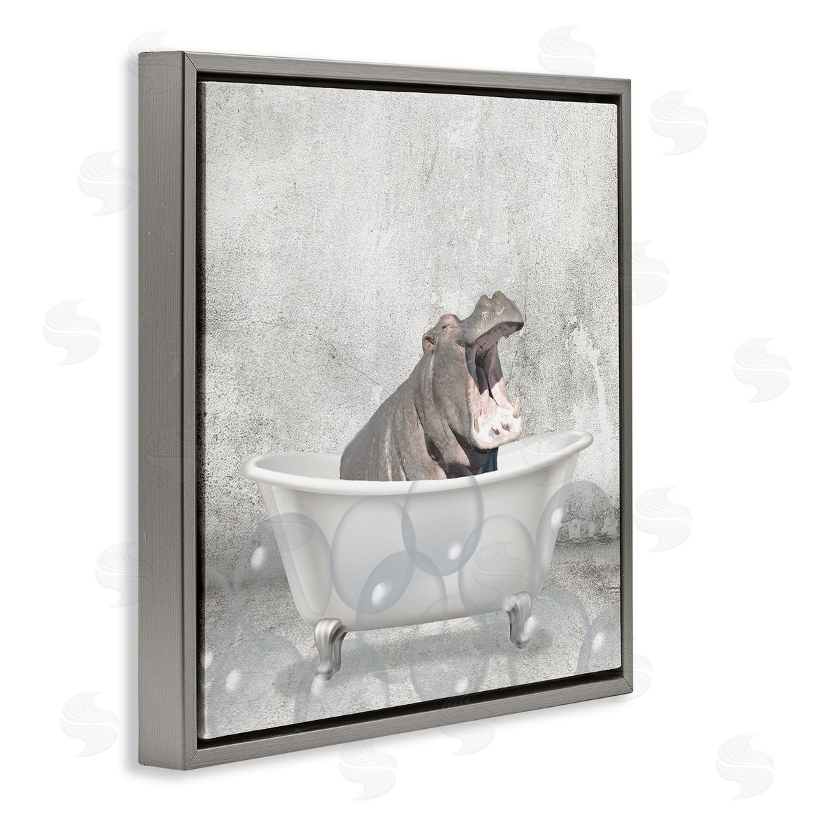 Baby Hippo Bath Time Grey Floating Frame Canvas Wall Art, Home Decor by Kim Allen