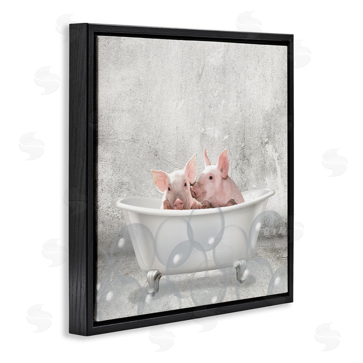 Baby Piglets Bath Time Black Floating Frame Canvas Wall Art, Home Decor by Kim Allen