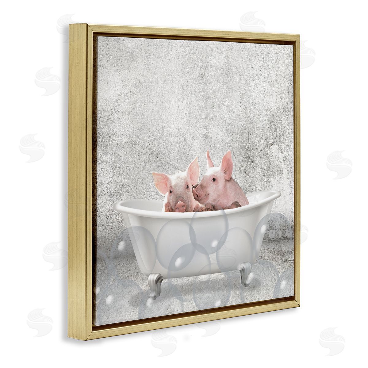 Baby Piglets Bath Time Gold Floating Frame Canvas Wall Art, Home Decor by Kim Allen