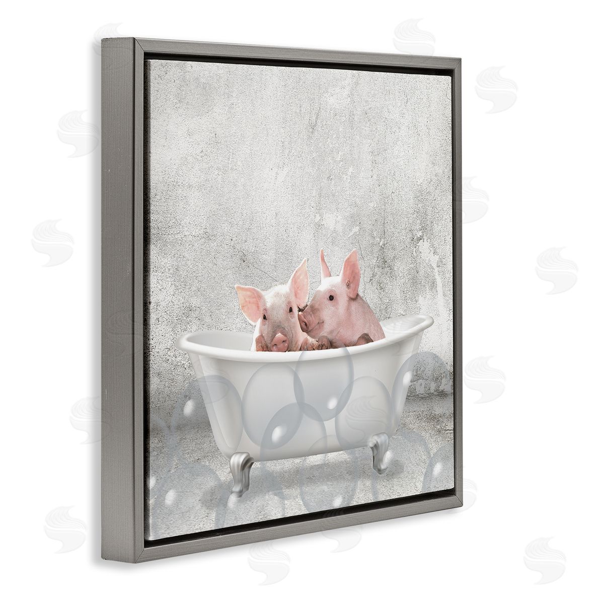 Baby Piglets Bath Time Grey Floating Frame Canvas Wall Art, Home Decor by Kim Allen