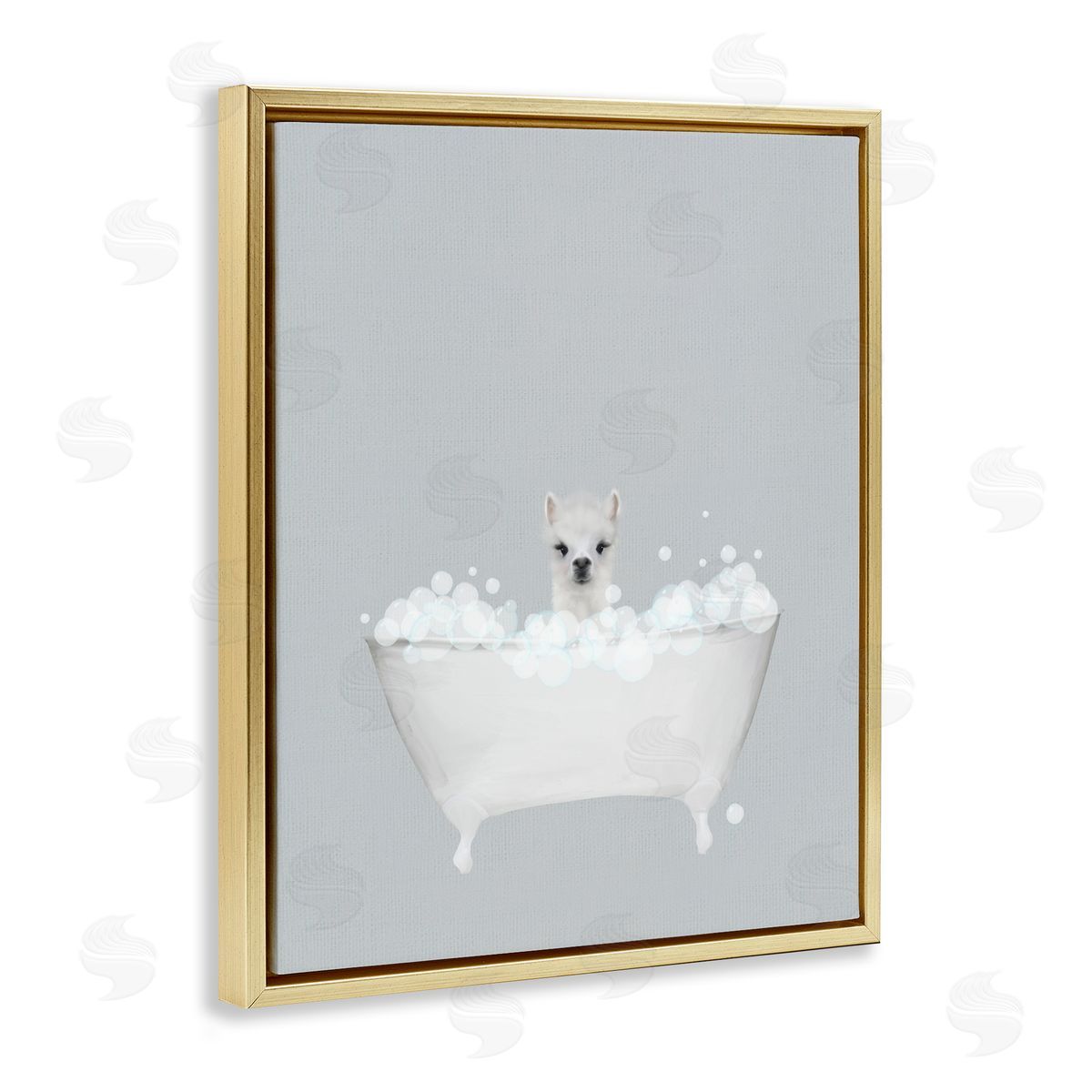 Alpaca Blue Bath Cute Gold Floating Frame Canvas Wall Art, Home Decor by Leah Straatsma