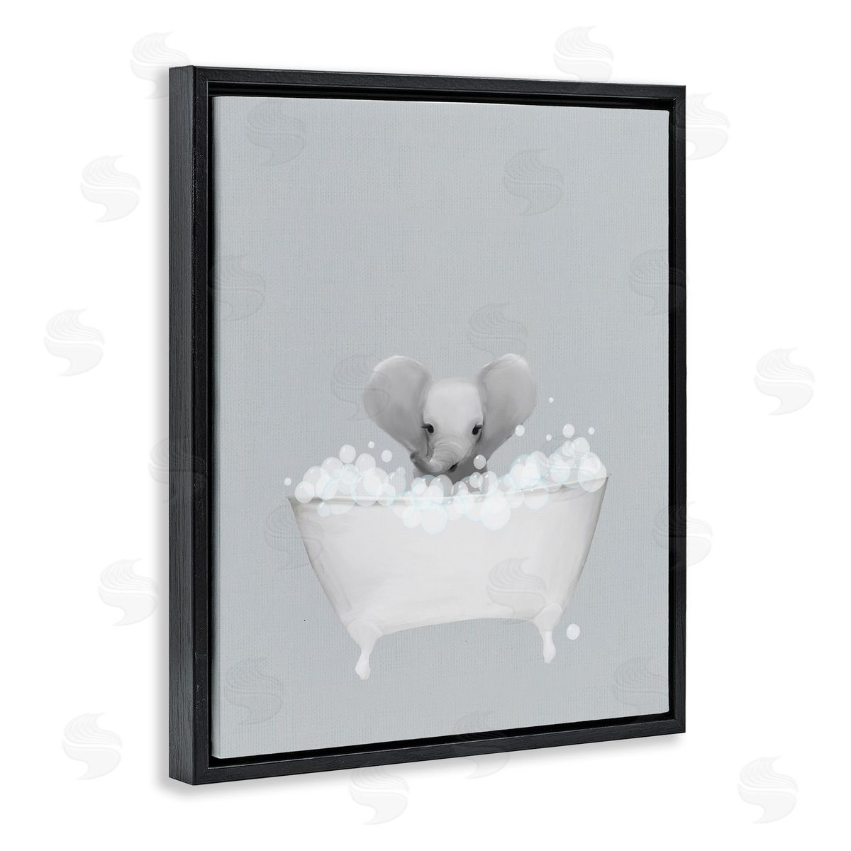 Elephant Blue Bath Cute Black Floating Frame Canvas Wall Art, Home Decor by Leah Straatsma