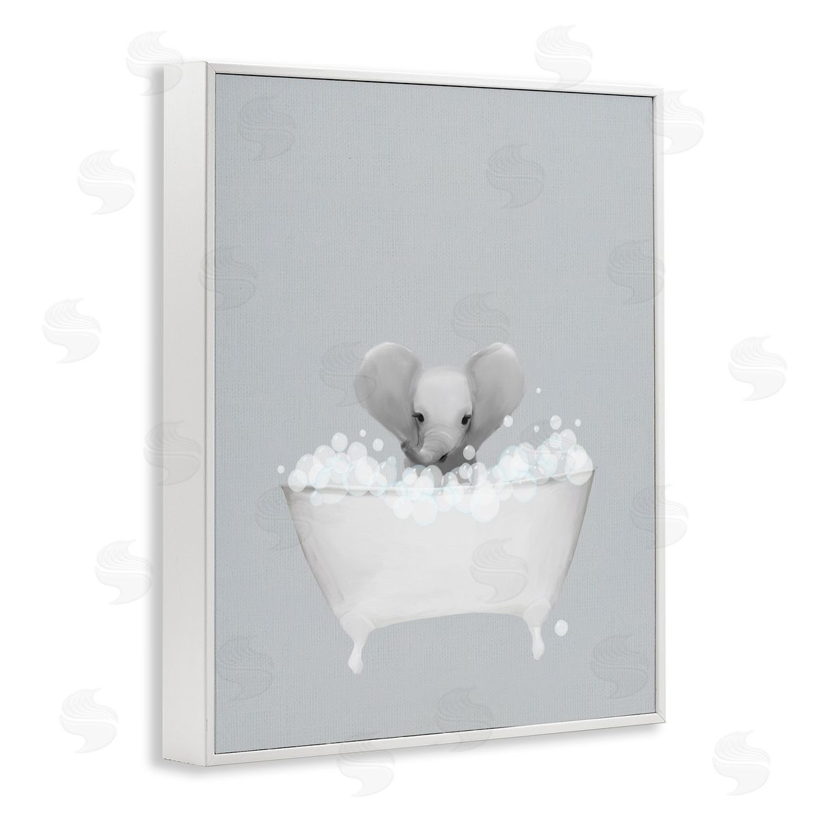 Elephant Blue Bath Cute White Frame Print Wall Art, Home Decor by Leah Straatsma