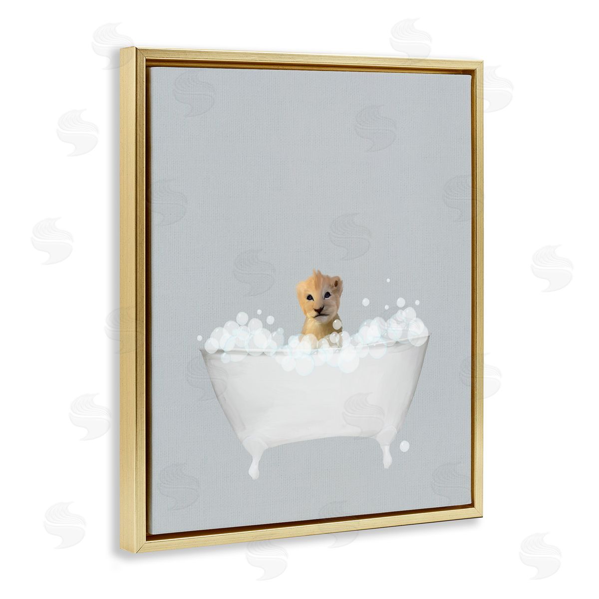 Lion Blue Bath Cute Gold Floating Frame Canvas Wall Art, Home Decor by Leah Straatsma