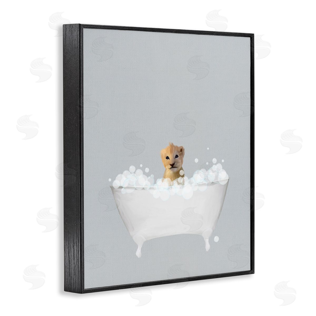 Lion Blue Bath Cute Black Frame Print Wall Art, Home Decor by Leah Straatsma