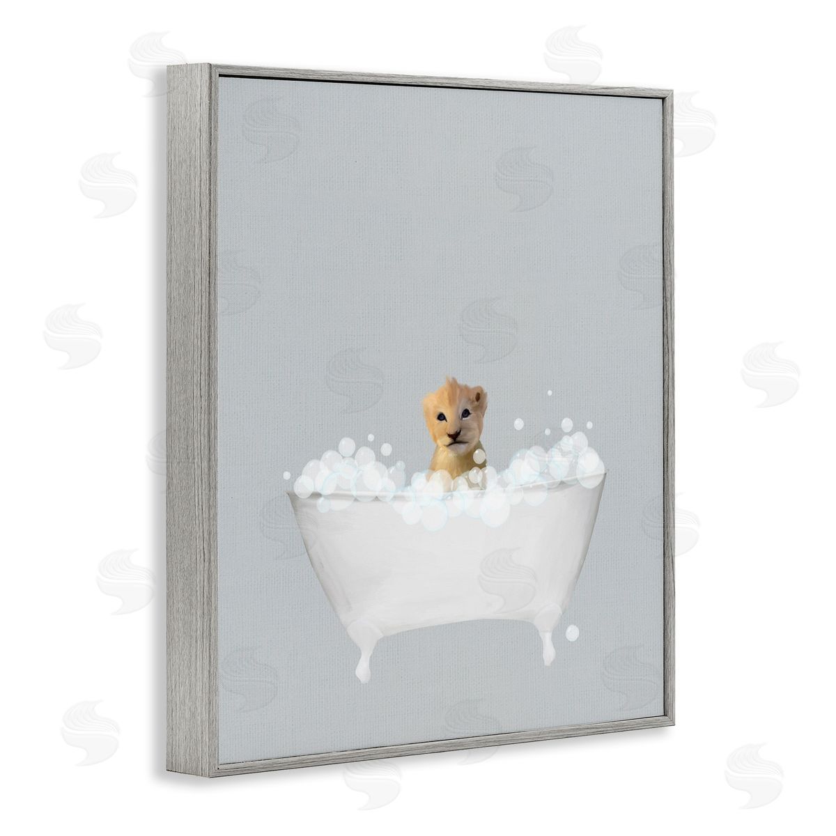 Lion Blue Bath Cute Grey Frame Print Wall Art, Home Decor by Leah Straatsma